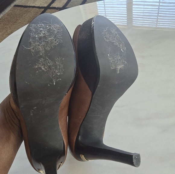 Michael Michael Kors Open Toe Pump Heels Women Sz 5.5M Brown Leather Logo - Picture 11 of 16